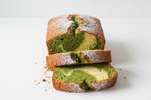 Matcha coffee cake loaf white background
